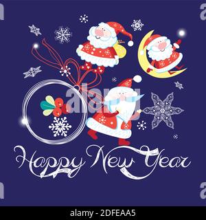 Festive vector Christmas card with Santa Claus on a blue background with snowflakes Stock Vector