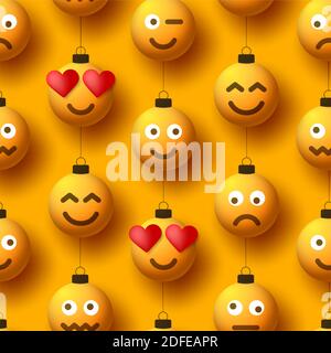 Merry christmas yellow balls with cute face seamless pattern. Emoticons on bubble toys. Vector for decoration holiday xmas tree. Element design Happy Stock Vector