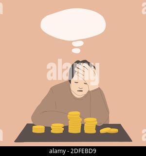 Financial difficulties. Sad man props his face with his hand, sitting at the table with money coins. Thought bubble overhead. Vector illustration in Stock Vector
