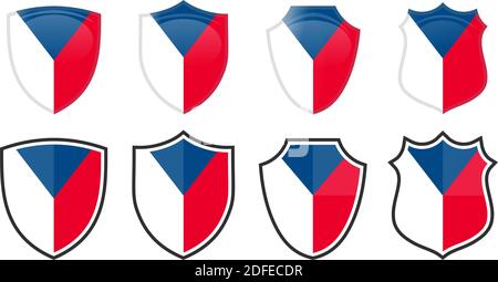 Vertical Czech flag in shield shape, four 3d and simple versions. Czechia icon / sign Stock Vector