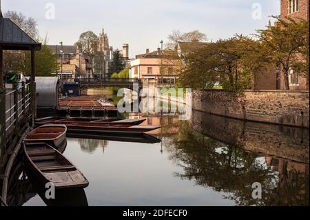 CAMBRIDGE, UK:  View along the River Cam from the Quayside with moored punts