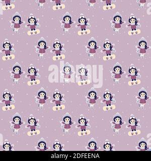 Seamless patterns. Kids winter and sports - a girl goes snowboarding and ice skating on a pink background. Vector. Illustration For design, textile, p Stock Vector