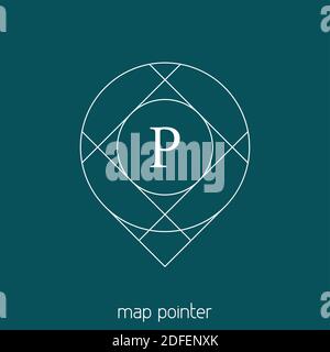 Simple linear map pointer in hipster style with letter P. Outline vector symbol Stock Vector