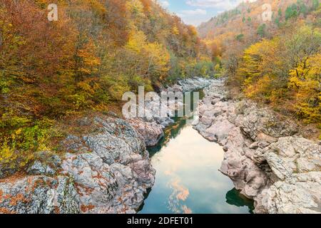 The Belaya river is the largest river in the Republic of Adygea in Russia. The summer was without rain and the river was very shallow Stock Photo