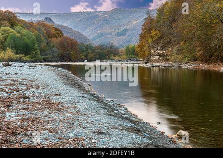 The Belaya river is the largest river in the Republic of Adygea in Russia. The summer was without rain and the river was very shallow Stock Photo