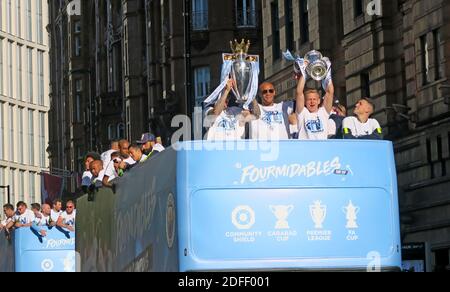Fourmidables,MCFC,Manchester City Football Club,blues,victory parade,Peter Street,Manchester City Centre,North West England,UK,cup Stock Photo
