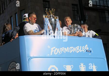 Fourmidables,MCFC,Manchester City Football Club,blues,victory parade,Peter Street,Manchester City Centre,North West England,UK,cup Stock Photo