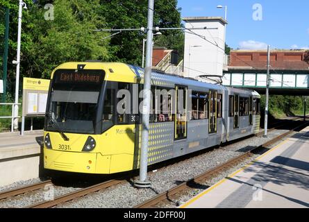 Manchester Metrolink Tram at Withington station, unit 3031,East Didsbury Tram, England, UK, M21 7UF Stock Photo