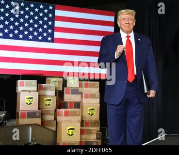 NO FILM, NO VIDEO, NO TV, NO DOCUMENTARY - President Donald Trump gives the crowd a fist pump as he arrives to talk about an infrastructure overhaul at the UPS Hapeville hub at Hartsfield-Jackson International Airport on Wednesday, July 15, 2020 in Atlanta, GA, USA. Photo by Curtis Compton/Atlanta Journal-Constitution/TNS/ABACAPRESS.COM Stock Photo