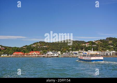 Russell ferry heading to Paihia, Bay of Islands, Northland Region, North Island, New Zealand Stock Photo