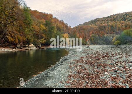 The Belaya river is the largest river in the Republic of Adygea in Russia. The summer was without rain and the river was very shallow Stock Photo