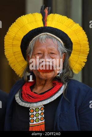 File photo dated May 16, 2019 of Brazil's legendary indigenous chief Raoni Metuktire poses on the doorsteps of the Elysee presidential palace on May 16, 2019 in Paris, France. Indigenous leader Raoni Metuktire, one of the Amazon rainforest's best-known defenders, is 'stable' after receiving a blood transfusion in hospital, his institute said Sunday. Raoni, a chief of the Kayapo people in northern Brazil, has been hospitalized since Thursday for weakness, shortness of breath, poor appetite and diarrhea. Photo by Christian Liewig/ABACAPRESS.COM Stock Photo