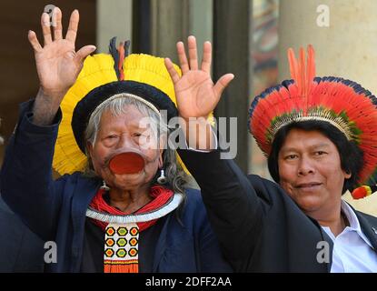 File photo dated May 16, 2019 of Brazil's legendary indigenous chief Raoni Metuktire poses on the doorsteps of the Elysee presidential palace on May 16, 2019 in Paris, France. Indigenous leader Raoni Metuktire, one of the Amazon rainforest's best-known defenders, is 'stable' after receiving a blood transfusion in hospital, his institute said Sunday. Raoni, a chief of the Kayapo people in northern Brazil, has been hospitalized since Thursday for weakness, shortness of breath, poor appetite and diarrhea. Photo by Christian Liewig/ABACAPRESS.COM Stock Photo