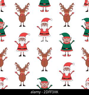 Christmas seamless pattern made from Santa Claus, Elf and Deer characters on white background. Stock Vector