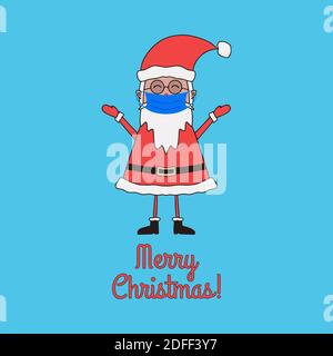 Christmas greeting card with cute Santa Claus in medical mask on blue background. Stock Vector