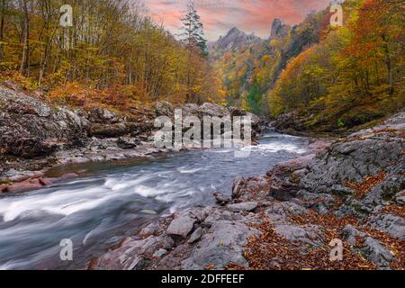 Belaya riverbed at the bottom of a deep ravine, canyon, in the Republic of Adygea in Russia Stock Photo