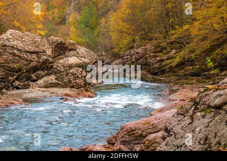 The Belaya river is the largest river in the Republic of Adygea in Russia. The summer was without rain and the river was very shallow Stock Photo