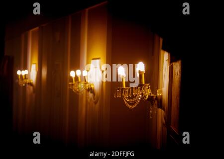 Theatrical scenery of the hall, balconies, lamps and chandeliers Stock Photo