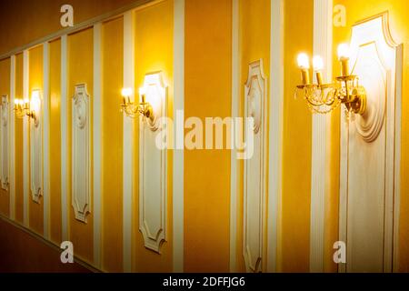 Theatrical scenery of the hall, balconies, lamps and chandeliers Stock Photo