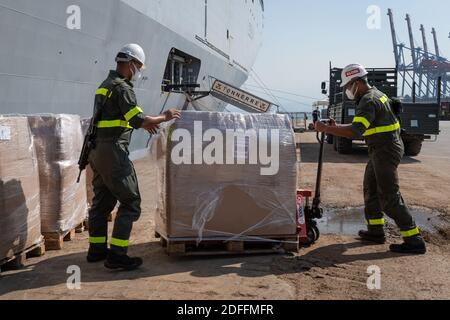 Hand out photo of French Navy’s Mistral-class amphibious ship Tonnerre arrives in Beirut, Lebanon, on Friday August 14, 2020, with significant material and human resources to help with operations of clearing after the explosion which devastated a large part of the Lebanese capital. Photo by Marine Nationale via ABACAPRESS.COM Stock Photo