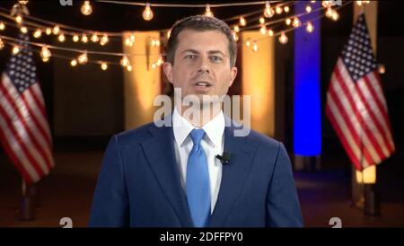 In this image from the Democratic National Convention video feed, former Mayor Pete Buttigieg (Democrat of South Bend, Indiana) makes remarks on the last night of the convention on Thursday, August 20, 2020. Photo by Democratic National Convention via CNP/ABACAPRESS.COM Stock Photo