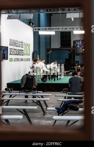 Empty benches attending Europe Ecologie Les Verts (EELV) ecologist party's summer university in Pantin, France, on August 21, 2020. Photo by Daniel Derajinski/ABACAPRESS.COM Stock Photo