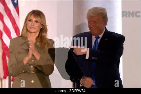 In this image from the Republican National Convention video feed, United States President Donald J. Trump gestures towards first lady Melania Trump after she made remarks during the second day of the convention on Tuesday, August 25, 2020. Photo by Republican National Convention via CNP/ABACAPRESS.COM Stock Photo