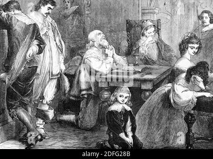 Woodcut of a 17th Century English family at home, husband smking a clay ...