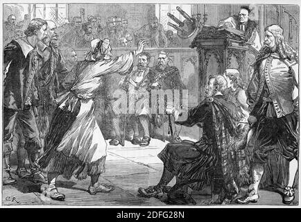 Engraving of Scottish dissenter, Janet Geddes protesting against the introduction of the English liturgy into Scotland by throwing her folding stool at the head of the officiating bishop and starting a riot in St. Giles' Church, Edinburgh, Scotland, on July 23, 1637.. Illustration from 'The history of Protestantism' by James Aitken Wylie (1808-1890), pub. 1878  Janet Geddes is said to have been the  The church, in the High Street of the Old Town, is memorable for its associations with some of the most important events in the religious history of Scotland. Stock Photo