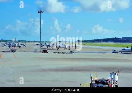JSDF Airport Stands, Kawazaki P3 Maritime Surveilance and Rescue, Stands, Naha AFB, Okinawa, Ryukyu Islands, Japan
