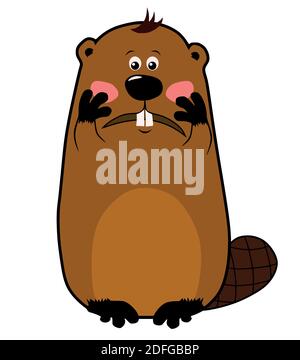 Embarrassed or confused cartoon beaver on white background, emotions Stock Vector