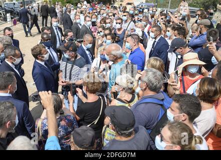 French president Emmanuel Macron greets locals during a visit in Bonifacio, on the island of Corsica, on September 10, 2020.Photo by Eliot Blondet/ABACAPRESS.COM Stock Photo