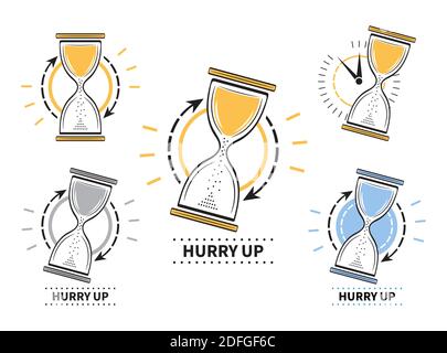 Hourglass timer icon set. Sand glass clock sign. Hurry up. Concept countdown, deadline, time management and reminder about sales in stores. Vector Stock Vector