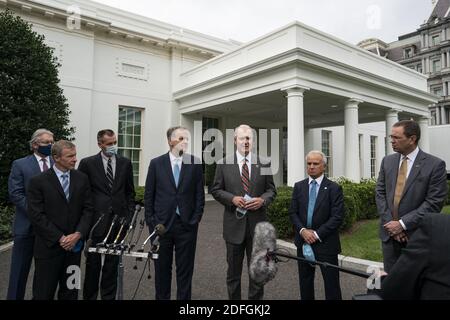 Left to right: Delta CEO Ed Bastian, United CEO Scott Kirby, Hawaiian President and CEO Peter Ingram, American Airlines chairman and CEO Doug Parker, Southwest Airlines Chairman and CEO Gary Kelly, Airlines For America President and CEO Nicholas Calio, and Alaska President and CEO Brad Tilden, speak with reporters outside the White House on September 17th, 2020 in Washington, D.C. The executives just finished a meeting with White House Chief of Staff Mark Meadows during which they discussed an extension of COVID-19 relief benefits to the major airlines. Photo by Alex Edelman/Pool via CNP/ABACA Stock Photo