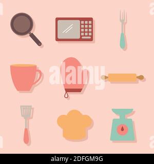 set of cooking icons on a pink background Stock Vector