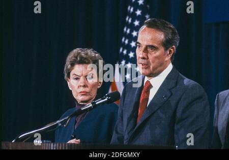 United States Senate Minority Leader Bob Dole (Republican of Kansas) accepts the endorsement of his candidacy for the Republican nomination as President of the US, from former US Ambassador to the United Nations Jeanne Kirkpatrick at a press Conference in Washington, DC on March 3, 1988.Photo by Ron Sachs / CNP /ABACAPRESS.COM Stock Photo