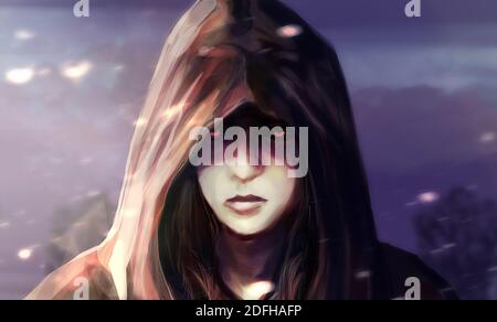 Illustration of a fantasy woman face in hood with glowing eyes and blue landscape background. Stock Photo