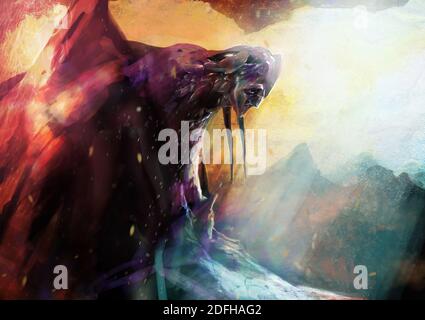 Illustrated fantasy underworld stone giant creature in mountain artwork. Stock Photo