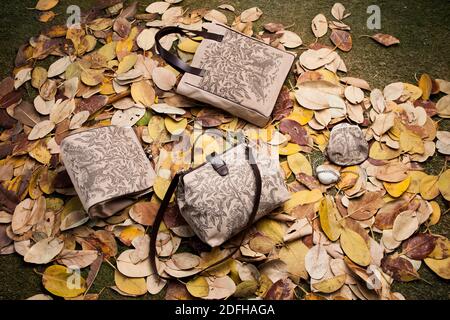 collection of indian design bags are placed on the ground Stock Photo