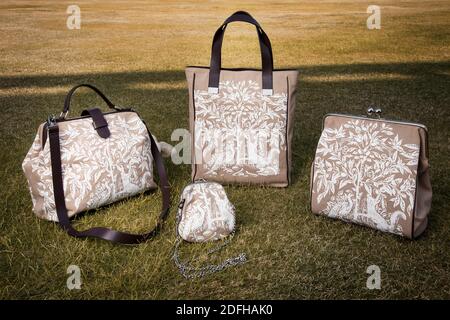 collection of indian design bags are placed on the ground Stock Photo