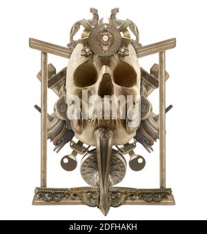 Isolated detailed copper skull composition with antique etched elements, border & jewelry on white background.