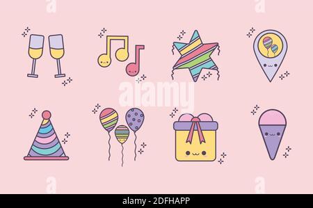 bundle of birthday icons over a pink background Stock Vector