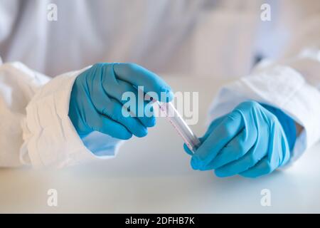 Process of coronavirus testing examination by nurse medic in laboratory lab, COVID-19 swab collection kit, tube for taking OP NP patient specimen samp Stock Photo