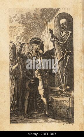 Men and women look at a Memento Mori, the Grim Reaper or a skeleton with scythe, 18th century. The figures include a soldier in uniform, priest with hat, gentlewoman with fan, etc. Copperplate engraving by Johan Georg Mansfeld after an original by Johann Rudolf Schellenberg from Johan Kark Musaus’s Freund Heins Erscheinungen in Holbeins Manier, (Apparitions of Death in the manner of Holbein) Mannheim, 1803. Stock Photo