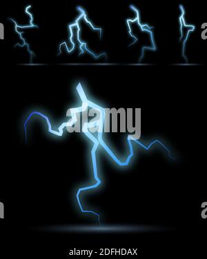 electrical discharge of lightning strikes the ground. Thunderstorm, electricity, lightning glow effect for any dark background. Vector Stock Vector