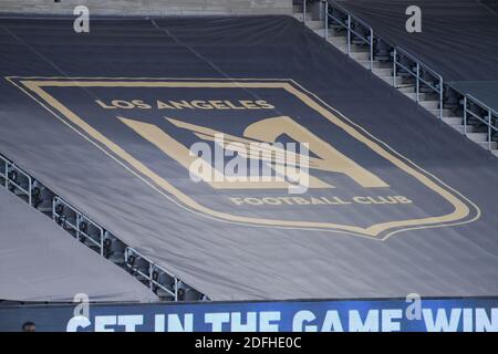 Detailed view of the LAFC logo covering up seats at the Banc of California Stadium during a MLS soccer game between LAFC and Portland Timbers, Sunday, Stock Photo