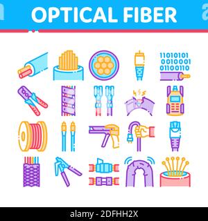 Optical Fiber Cable Collection Icons Set Vector Stock Vector