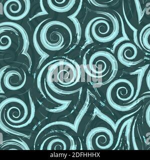 Seamless vector pattern of spirals of smooth lines and corners of turquoise color on a green background.Texture of waves and curls Stock Vector