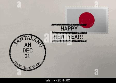 Postage stamp envelope with Japan flag and New Year stamps, vector image Stock Vector