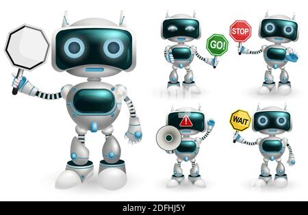 Robot character vector set. Robotic characters showing signage symbol like go and stop placard element in standing pose and gestures for robot cartoon. Stock Vector